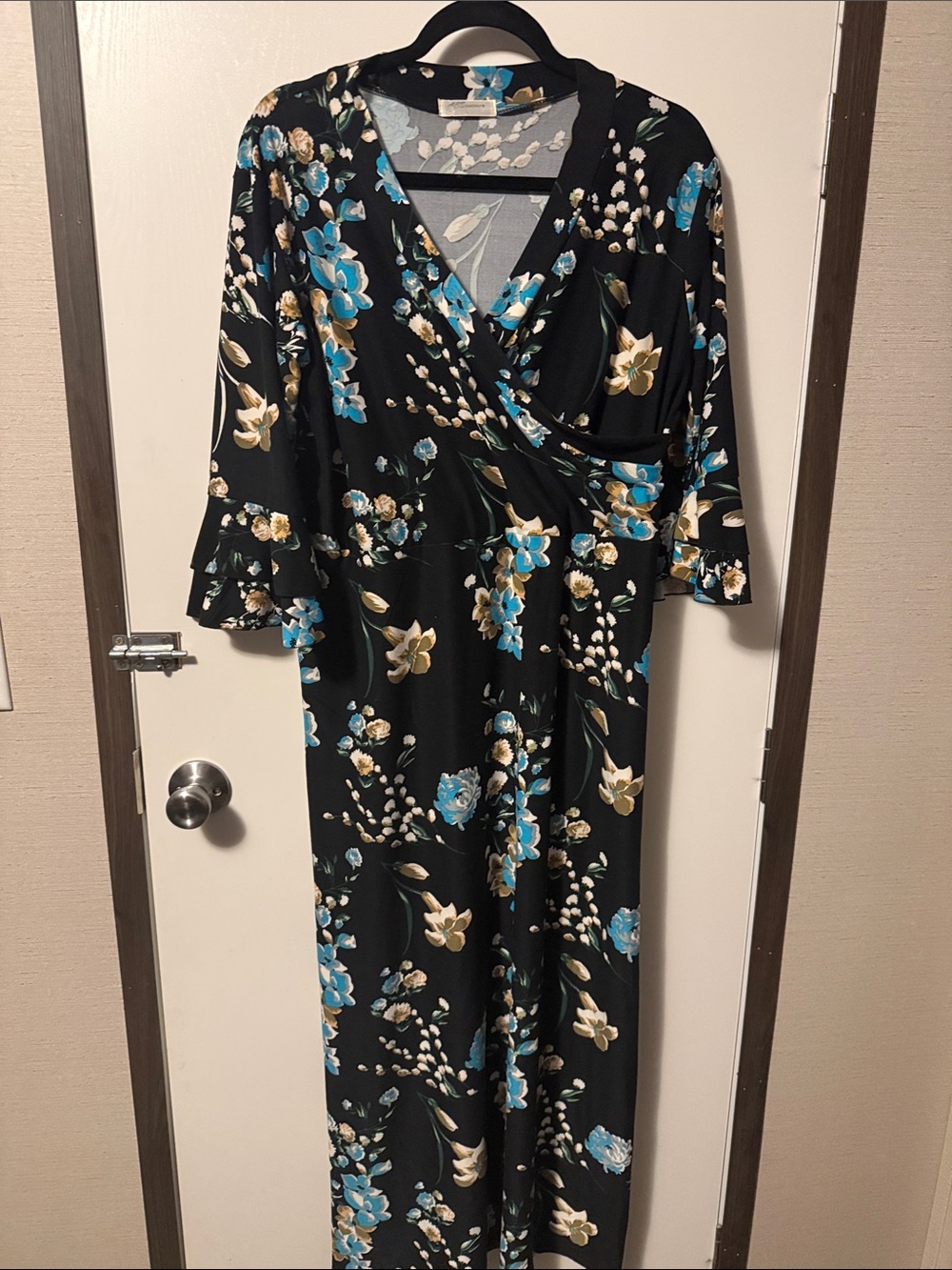 Black Floral Maxi Dress with Blue & Cream Accents